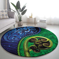 New Zealand Matariki Fern Frond Koru Round Carpet with Galaxy Blue Sky and Green Paua Shell Art