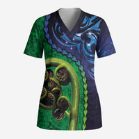 New Zealand Matariki Fern Frond Koru Scrub Top with Galaxy Blue Sky and Green Paua Shell Art - Polynesian Pride