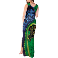 New Zealand Matariki Fern Frond Koru Tank Maxi Dress with Galaxy Blue Sky and Green Paua Shell Art