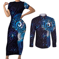 Matariki New Zealand Maori Koru Art Tattoo Couples Matching Short Sleeve Bodycon Dress and Long Sleeve Button Shirt New Year Galaxy Blue Sky Style