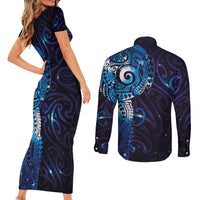 Matariki New Zealand Maori Koru Art Tattoo Couples Matching Short Sleeve Bodycon Dress and Long Sleeve Button Shirt New Year Galaxy Blue Sky Style