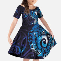 Matariki New Zealand Maori Koru Art Tattoo Family Matching Puletasi and Hawaiian Shirt New Year Galaxy Blue Sky Style LT03 Daughter's Dress Blue - Polynesian Pride