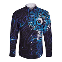 Matariki New Zealand Maori Koru Art Tattoo Long Sleeve Button Shirt New Year Galaxy Blue Sky Style