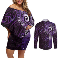 Matariki New Zealand Maori Koru Art Tattoo Couples Matching Off Shoulder Short Dress and Long Sleeve Button Shirt New Year Galaxy Purple Sky Style
