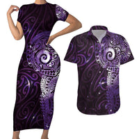 Matariki New Zealand Maori Koru Art Tattoo Couples Matching Short Sleeve Bodycon Dress and Hawaiian Shirt New Year Galaxy Purple Sky Style