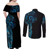 New Zealand Maori Koru Art Traditional Tattoo Couples Matching Off Shoulder Maxi Dress and Long Sleeve Button Shirt Paua Shell
