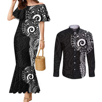 New Zealand Maori Koru Art Traditional Tattoo Couples Matching Mermaid Dress and Long Sleeve Button Shirt Simple Style