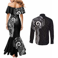 New Zealand Maori Koru Art Traditional Tattoo Couples Matching Mermaid Dress and Long Sleeve Button Shirt Simple Style