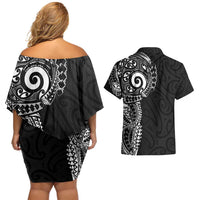 New Zealand Maori Koru Art Traditional Tattoo Couples Matching Off Shoulder Short Dress and Hawaiian Shirt Simple Style