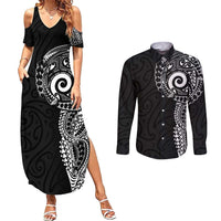 New Zealand Maori Koru Art Traditional Tattoo Couples Matching Summer Maxi Dress and Long Sleeve Button Shirt Simple Style
