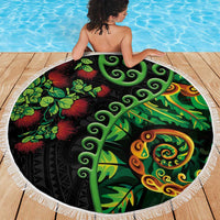 New Zealand Koru Plants and Pohutukawa Beach Blanket Maori Tattoo Pattern