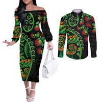 New Zealand Koru Plants and Pohutukawa Couples Matching Off The Shoulder Long Sleeve Dress and Long Sleeve Button Shirt Maori Tattoo Pattern