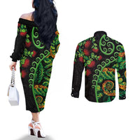 New Zealand Koru Plants and Pohutukawa Couples Matching Off The Shoulder Long Sleeve Dress and Long Sleeve Button Shirt Maori Tattoo Pattern