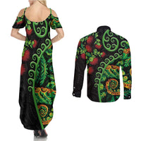 New Zealand Koru Plants and Pohutukawa Couples Matching Summer Maxi Dress and Long Sleeve Button Shirt Maori Tattoo Pattern
