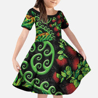 New Zealand Koru Plants and Pohutukawa Family Matching Off The Shoulder Long Sleeve Dress and Hawaiian Shirt Maori Tattoo Pattern
