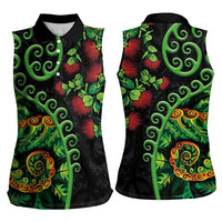 New Zealand Koru Plants and Pohutukawa Women Sleeveless Polo Shirt Maori Tattoo Pattern