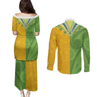 Cook Islands Language Week Couples Matching Puletasi and Long Sleeve Button Shirt Tatau Pattern and Rarotongan Alphabet - Polynesian Pride