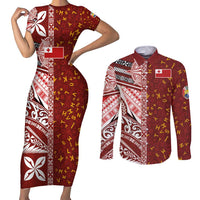 Tonga Language Week Couples Matching Short Sleeve Bodycon Dress and Long Sleeve Button Shirt Ngatu Pattern and Tongan Alphabet - Polynesian Pride