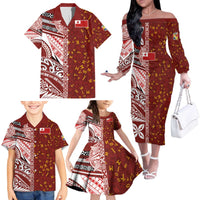 Tonga Language Week Family Matching Off The Shoulder Long Sleeve Dress and Hawaiian Shirt Ngatu Pattern and Tongan Alphabet - Polynesian Pride