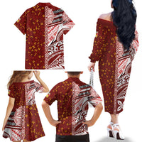 Tonga Language Week Family Matching Off The Shoulder Long Sleeve Dress and Hawaiian Shirt Ngatu Pattern and Tongan Alphabet - Polynesian Pride