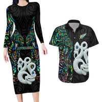 New Zealand Couples Matching Long Sleeve Bodycon Dress and Hawaiian Shirt Silver Fern and Manaia with Papua Shell Maori Tribal LT03 White - Polynesian Pride