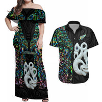 New Zealand Couples Matching Off Shoulder Maxi Dress and Hawaiian Shirt Silver Fern and Manaia with Papua Shell Maori Tribal LT03 White - Polynesian Pride