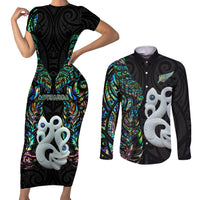 New Zealand Couples Matching Short Sleeve Bodycon Dress and Long Sleeve Button Shirts Silver Fern and Manaia with Papua Shell Maori Tribal LT03 White - Polynesian Pride