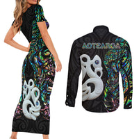 New Zealand Couples Matching Short Sleeve Bodycon Dress and Long Sleeve Button Shirts Silver Fern and Manaia with Papua Shell Maori Tribal LT03 - Polynesian Pride