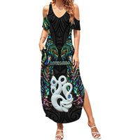 New Zealand Summer Maxi Dress Silver Fern and Manaia with Papua Shell Maori Tribal LT03 Women White - Polynesian Pride