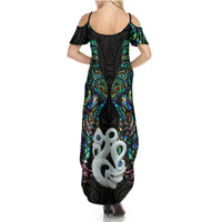 New Zealand Summer Maxi Dress Silver Fern and Manaia with Papua Shell Maori Tribal LT03 - Polynesian Pride