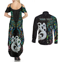 Custom New Zealand Couples Matching Summer Maxi Dress and Long Sleeve Button Shirts Silver Fern and Manaia with Papua Shell Maori Tribal LT03 - Polynesian Pride