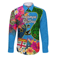 Personalised Malampa Fiji Day Family Matching Short Sleeve Bodycon Dress and Hawaiian Shirt Tropical Plants Mix Polynesian and Tapa Pattern LT03 Dad's Shirt - Long Sleeve Blue - Polynesian Pride