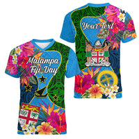 Personalised Malampa Fiji Day Women V Neck T Shirt Tropical Plants Mix Polynesian and Tapa Pattern LT03 - Polynesian Pride