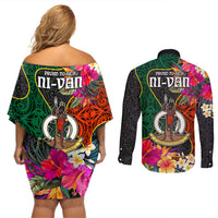 Penama Day Couples Matching Off Shoulder Short Dress and Long Sleeve Button Shirts Proud To Be A Ni-Van Beauty Pacific Flower LT03 - Polynesian Pride