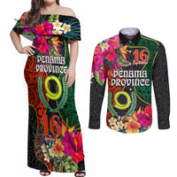 Personalised Penama Day Couples Matching Off Shoulder Maxi Dress and Long Sleeve Button Shirts Proud To Be A Ni-Van Beauty Pacific Flower LT03 Black - Polynesian Pride