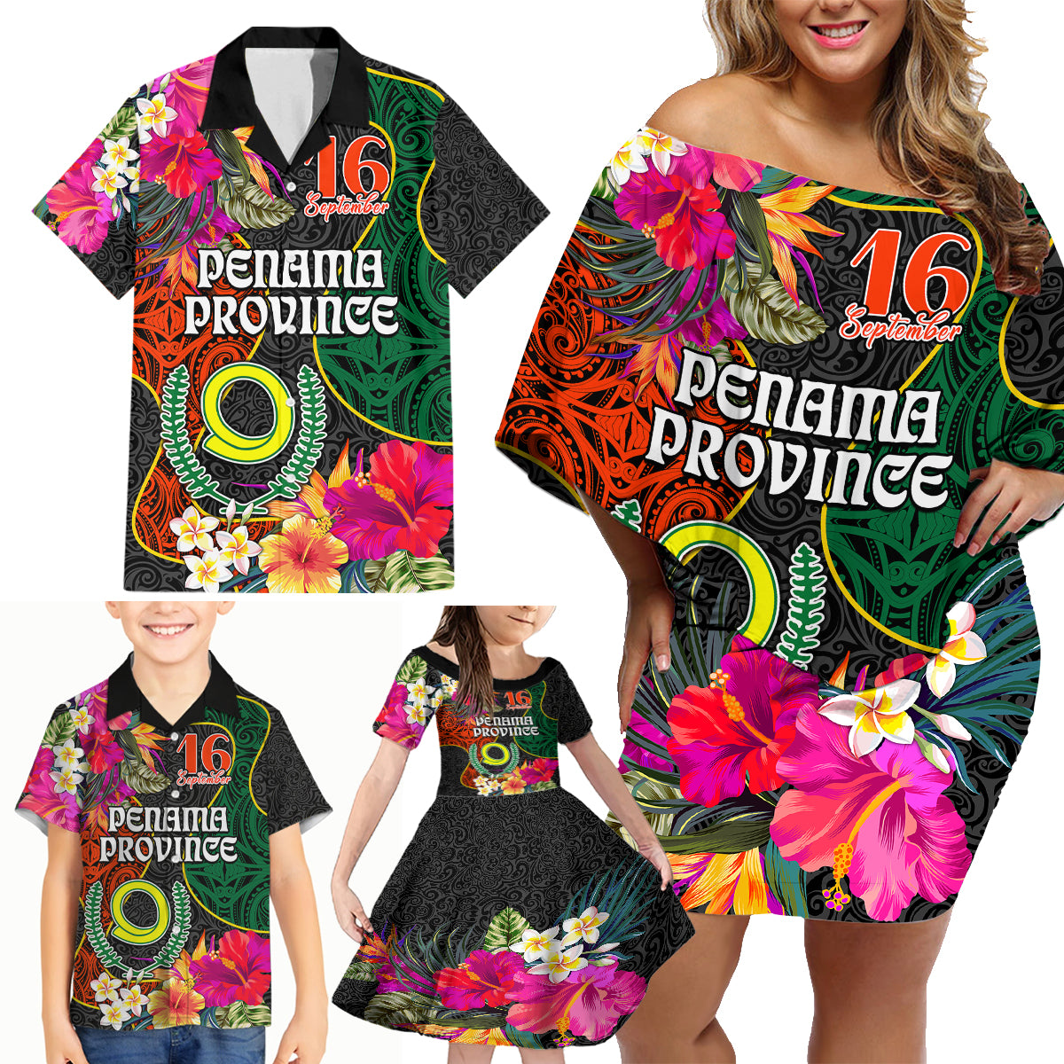 Personalised Penama Day Family Matching Off Shoulder Short Dress and Hawaiian Shirt Proud To Be A Ni-Van Beauty Pacific Flower LT03 Black - Polynesian Pride