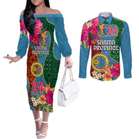 Sanma Day Couples Matching Off The Shoulder Long Sleeve Dress and Long Sleeve Button Shirts Proud To Be A Ni-Van Beauty Pacific Flower LT03 Blue - Polynesian Pride
