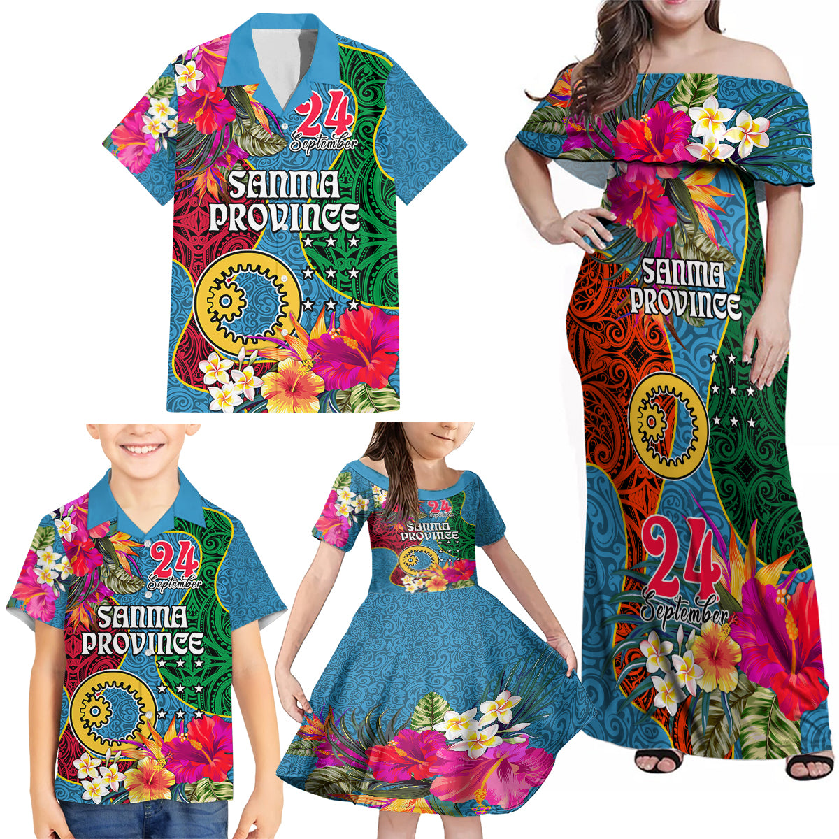 Sanma Day Family Matching Off Shoulder Maxi Dress and Hawaiian Shirt Proud To Be A Ni-Van Beauty Pacific Flower LT03 Blue - Polynesian Pride