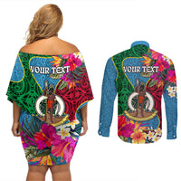 Personalised Sanma Day Couples Matching Off Shoulder Short Dress and Long Sleeve Button Shirts Proud To Be A Ni-Van Beauty Pacific Flower LT03 - Polynesian Pride