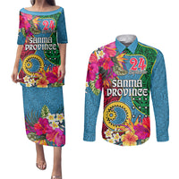 Personalised Sanma Day Couples Matching Puletasi Dress and Long Sleeve Button Shirts Proud To Be A Ni-Van Beauty Pacific Flower LT03 Blue - Polynesian Pride