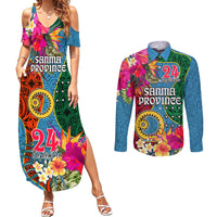 Personalised Sanma Day Couples Matching Summer Maxi Dress and Long Sleeve Button Shirts Proud To Be A Ni-Van Beauty Pacific Flower LT03 Blue - Polynesian Pride