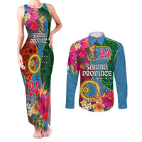 Personalised Sanma Day Couples Matching Tank Maxi Dress and Long Sleeve Button Shirts Proud To Be A Ni-Van Beauty Pacific Flower LT03 Blue - Polynesian Pride