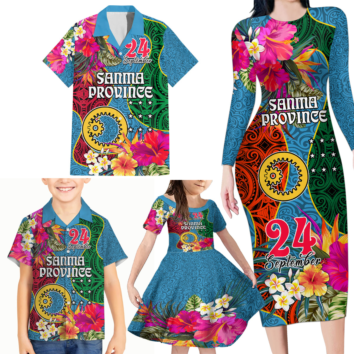 Personalised Sanma Day Family Matching Long Sleeve Bodycon Dress and Hawaiian Shirt Proud To Be A Ni-Van Beauty Pacific Flower LT03 Blue - Polynesian Pride