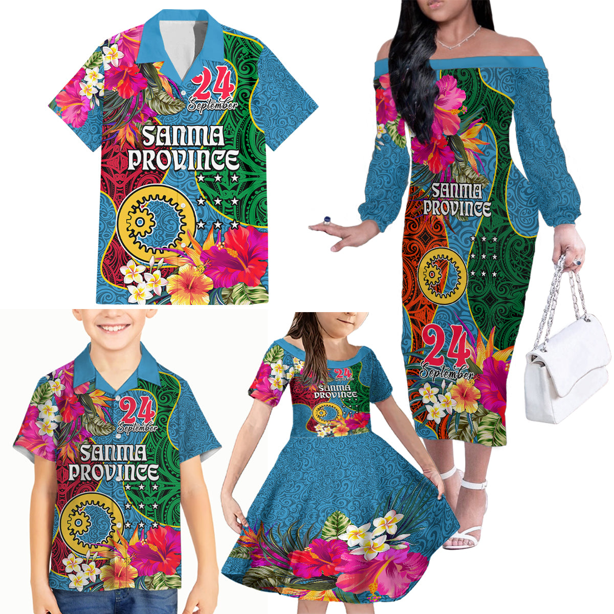 Personalised Sanma Day Family Matching Off Shoulder Long Sleeve Dress and Hawaiian Shirt Proud To Be A Ni-Van Beauty Pacific Flower LT03 Blue - Polynesian Pride