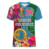 Personalised Sanma Day Women V Neck T Shirt Proud To Be A Ni-Van Beauty Pacific Flower LT03 Female Blue - Polynesian Pride