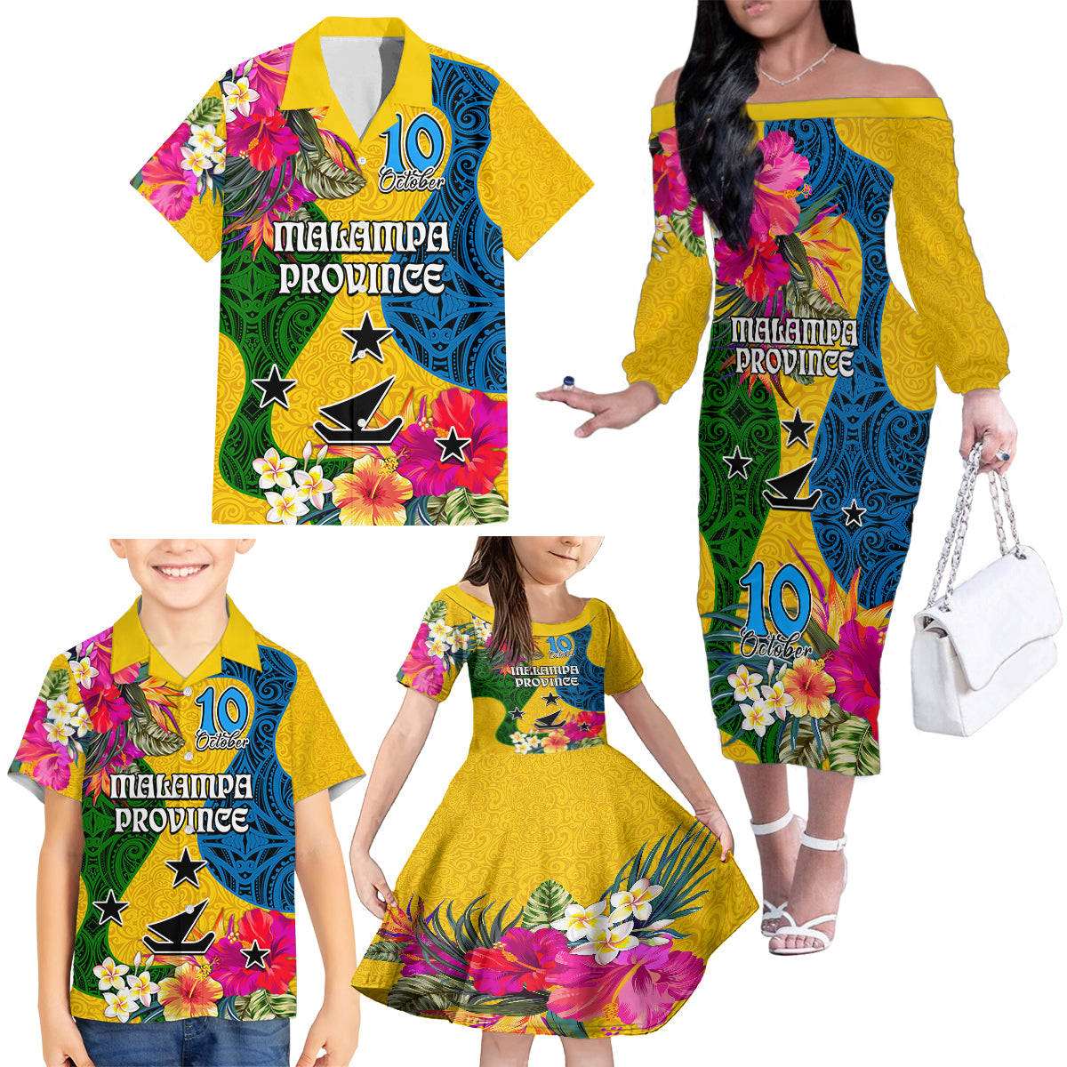 Malampa Day Family Matching Off Shoulder Long Sleeve Dress and Hawaiian Shirt Proud To Be A Ni-Van Beauty Pacific Flower LT03 Yellow - Polynesian Pride
