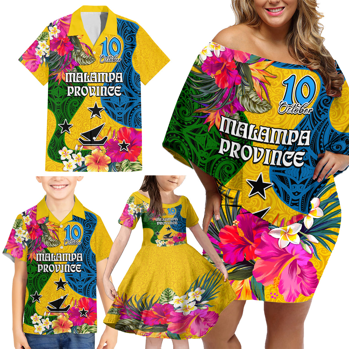 Malampa Day Family Matching Off Shoulder Short Dress and Hawaiian Shirt Proud To Be A Ni-Van Beauty Pacific Flower LT03 Yellow - Polynesian Pride