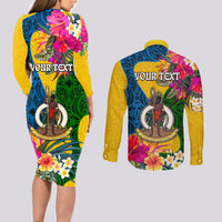 Personalised Malampa Day Couples Matching Long Sleeve Bodycon Dress and Long Sleeve Button Shirts Proud To Be A Ni-Van Beauty Pacific Flower LT03 - Polynesian Pride