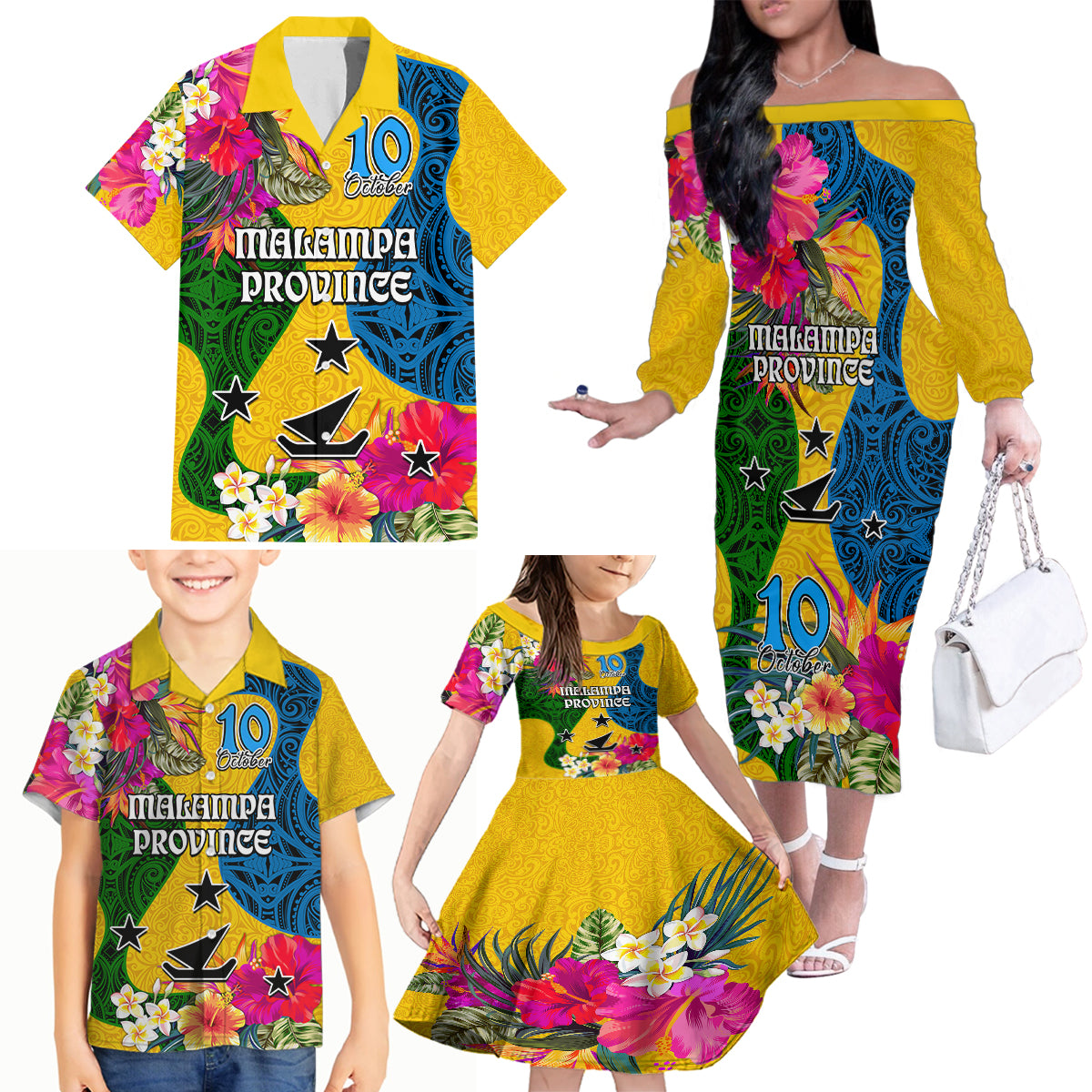 Personalised Malampa Day Family Matching Off Shoulder Long Sleeve Dress and Hawaiian Shirt Proud To Be A Ni-Van Beauty Pacific Flower LT03 Yellow - Polynesian Pride