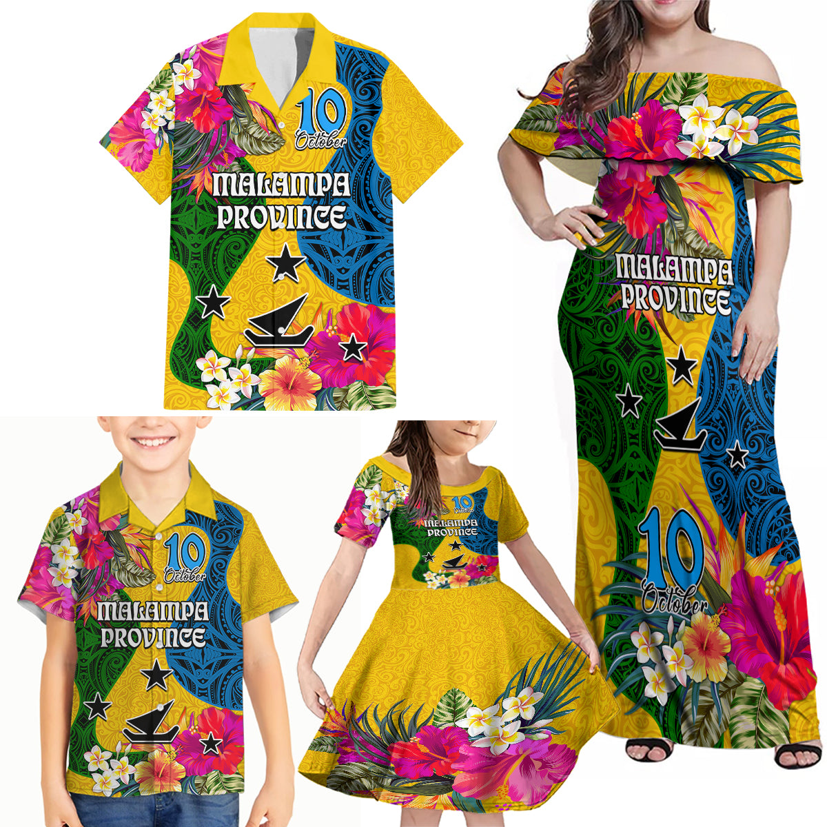 Personalised Malampa Day Family Matching Off Shoulder Maxi Dress and Hawaiian Shirt Proud To Be A Ni-Van Beauty Pacific Flower LT03 Yellow - Polynesian Pride